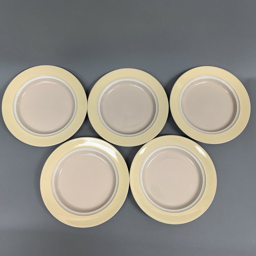 Mikasa Moon Glow Stone Craft Yellow Band Beaded Verge 8.25 Salad Plates Lot of 5